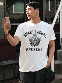 DAZY White Letter Graphic Print Short Sleeve T-Shirt For Men, Summer - White - View 1