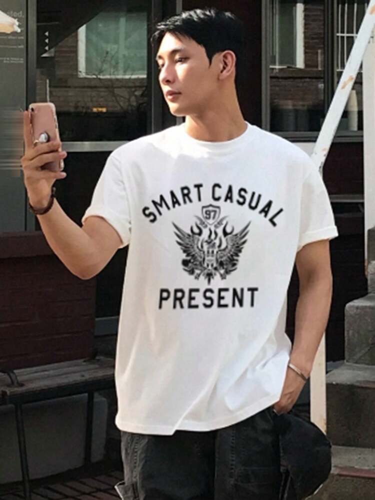 White Letter Graphic Print Short Sleeve T-Shirt For Men, Summer