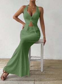 SHEIN Unity Summer Sexy Solid Twist Back Halter Crop Top & Fishtail Skirt 2 Pieces Set - Olive Green - View 6