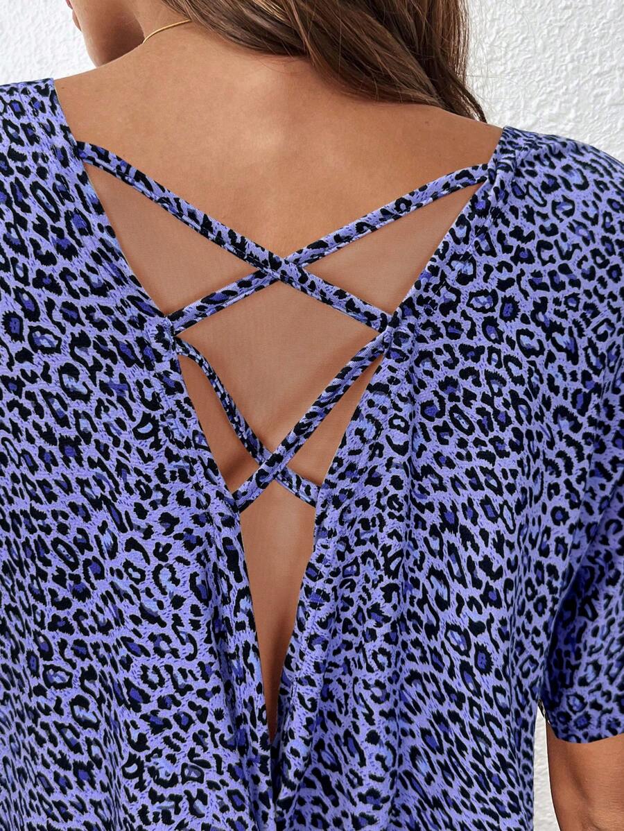 EMERY ROSE 后背交叉扭结休闲舒适豹纹印花 T 恤 - 紫色 - 查看 1