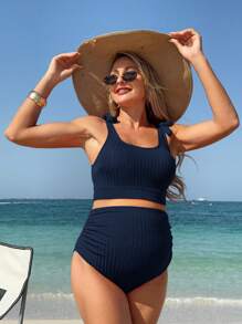 SHEIN Maternity Solid Color Tie Shoulder Bikini Set, Suitable For Beach Holiday Summer - Navy Blue - View 3