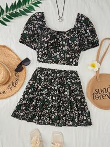 Flirla 2pcs/Set Ditsy Floral Ruffle Sleeve Top And Mini Skirt - Black - View 1