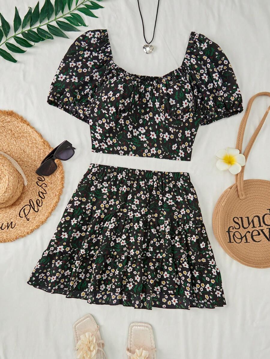 Flirla 2pcs/Set Ditsy Floral Ruffle Sleeve Top And Mini Skirt - Black - View 1
