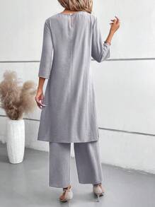 EMERY ROSE 2pcs/Set 3/4 Sleeve Shirt And Elastic Waist Pants - Light Grey - View 2