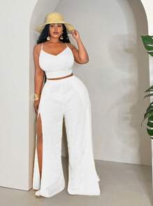 Slaydiva Plus Size Sleeveless Top And Slit Pants Set, Solid Yellow Color, Long Style, Summer Vacation
