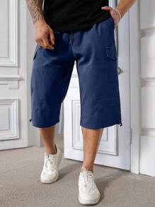 Manfinity Homme Plus Size Men's Casual Solid Color Loose Fit Flip Cover Pocket Cargo Shorts For Summer - Blue - View 5
