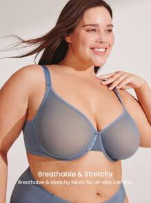 LUVLETTE Plus Fullcover Unlined Plunge Breathable Mesh Sheer Airy Basic Breezy Comfort Minimizer Bra - Dusty Blue - View 9