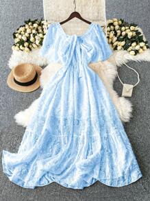 DreamSkyne Romantic Date  Plus Size Elegant Solid Color Square Neck Tie-Up Summer Dress - Baby Blue - View 2