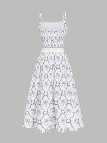 SHEIN MOD Plus Size Retro Geometric Bowknot Print Sling Maxi Two Pieces Set, Casual Vacation Outfit - Blue and White - View 2