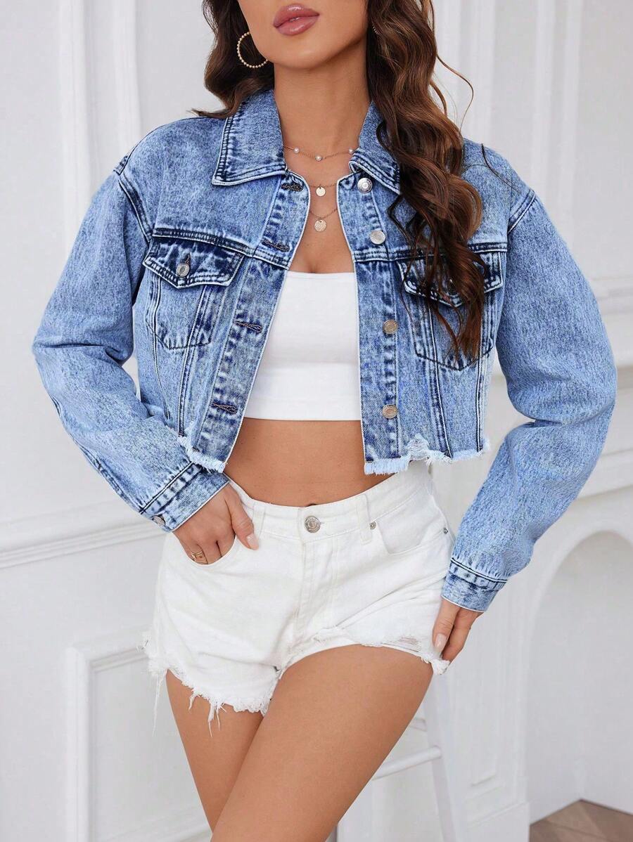 SHEIN ICON Short Denim Jacket With Washed And Ripped Details - Medium Wash - View 1