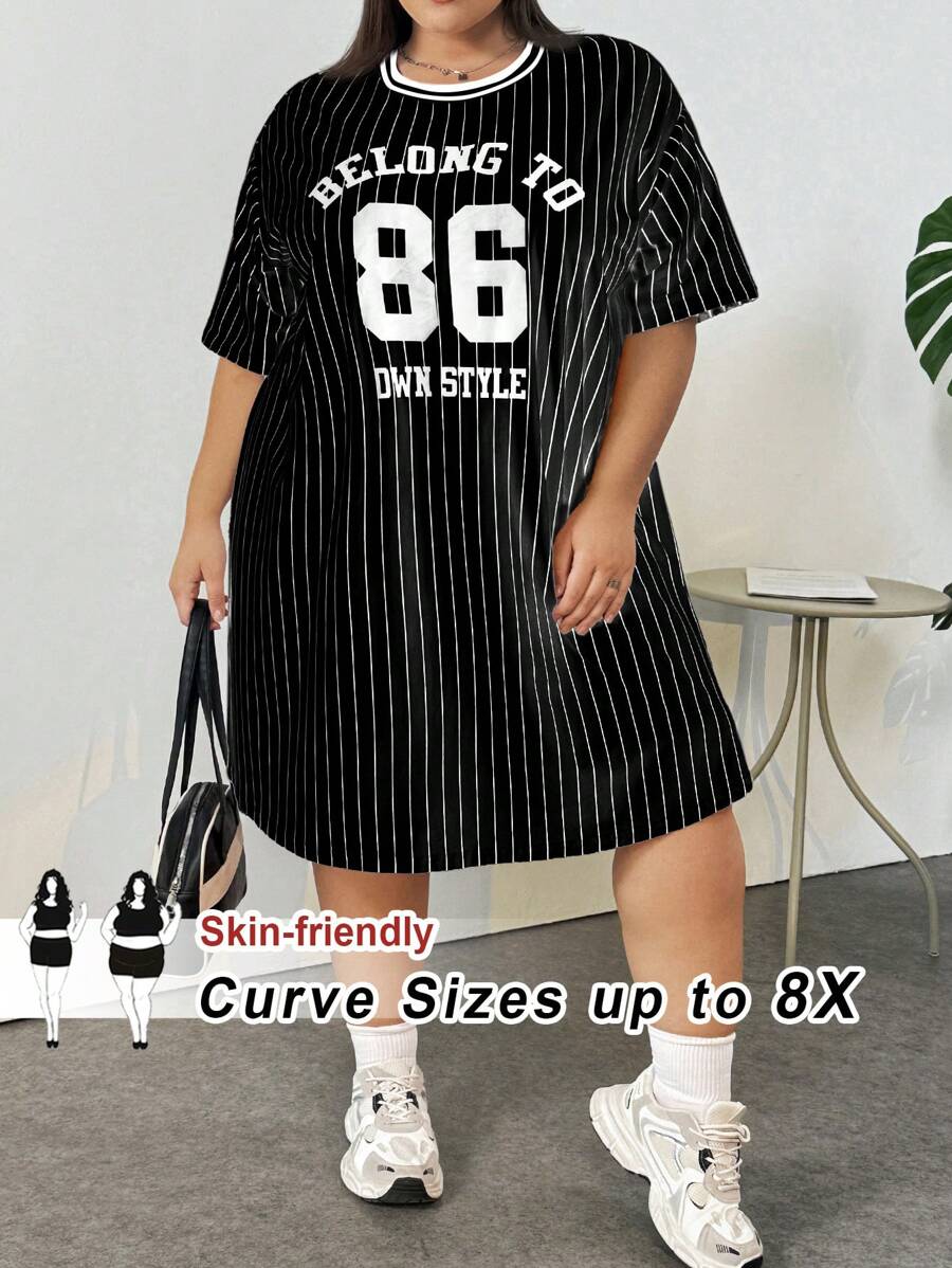SHEIN CURVE+ 大码宽松运动字母T恤裙 - 彩色 - 查看 1