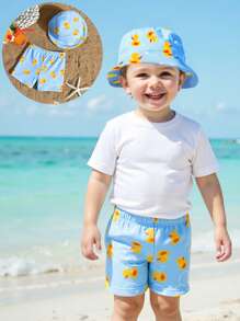Cute Yellow Duck Printed Baby Boy Swim Trunks Set, With Bubbly Element, Perfect For Summer Beach - Multicolor - View 3