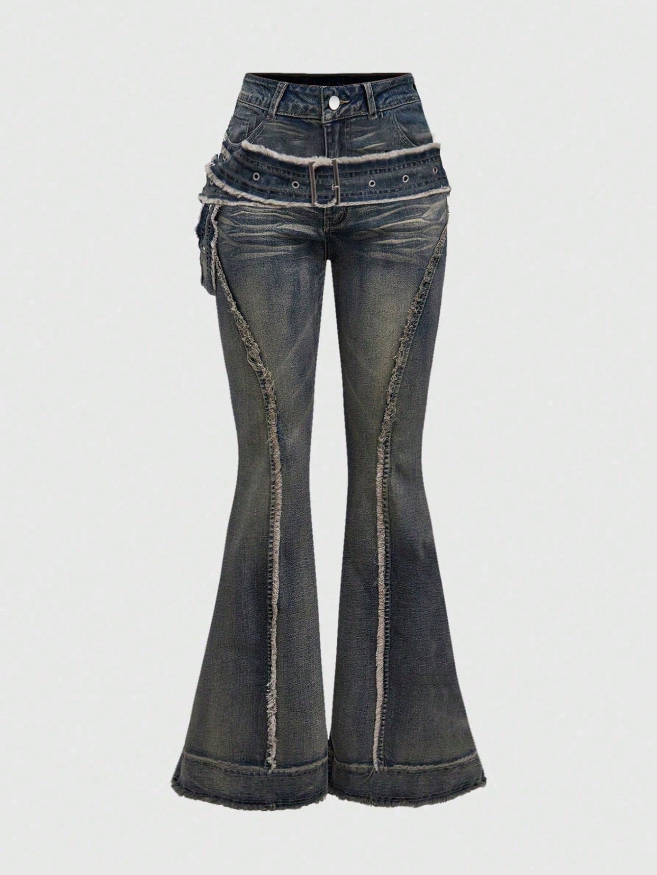 パンツ 00s archive gimmick flare pants y2k punk Our Grunge Punk Y2K Vintage Faded Color Belt Design Frayed