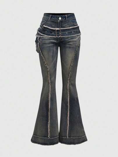 ROMWE Grunge Punk Y2K复古褪色腰带设计毛边装饰女式牛仔喇叭弹力低腰牛仔裤