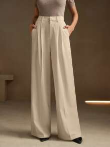 Anewsta 女士优雅现代时尚办公室正装直腿西装裤，春夏装 - 杏色 - 查看 1