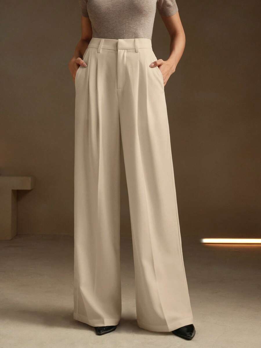 Anewsta 女士优雅现代时尚办公室正装直腿西装裤，春夏装 - 杏色 - 查看 1