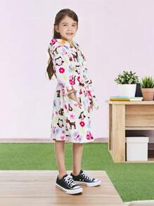 1pc Girls' Cartoon Coral Fleece Hooded Bathrobe, Home Clothes, Gift, Cute