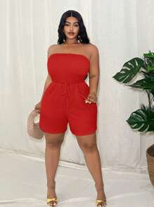 Slaydiva 女士加大码扎染针织短款连体裤，休闲度假日常修身纯色带绳饰，春夏款 - 紅色 - 查看 3