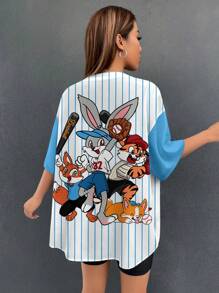 SHEIN EZwear 可爱兔子、狐狸、老虎、小狗卡通图案棒球风格拼色运动夹克，女式宽松前开短袖衬衫，适合夏季和运动季节 - 彩色 - 查看 3