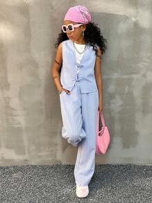 Coolane Kids Tween 女童春夏条纹浅蓝色套装、两件套服装、亲子服装 - 藍色 - 查看 4