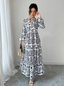 Rafferiza 女士度假休闲全印花喇叭袖连衣裙 - 黑與白 - 查看 5