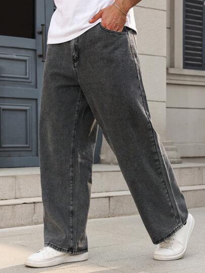 Manfinity Homme Men's Plus Size Grey Denim Jeans: Casual Basic And Long Zippered Style For Everyday Comfort Hang Out Going Out Commute Work Urban, Emo Style