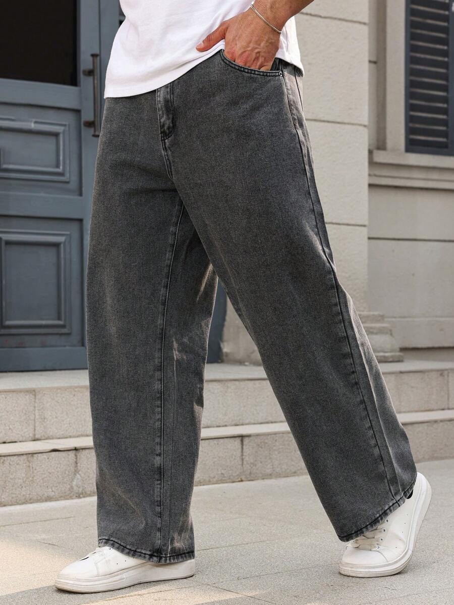 Manfinity Homme 男士加大码灰色牛仔裤：休闲基本款和长款拉链款式，适合日常舒适外出、通勤、工作、都市、emo 风格 - 灰色 - 查看 1