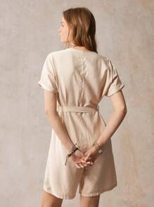 SHEIN LUNE Batwing Sleeve Dual Pocket Belted Romper - Apricot - View 4