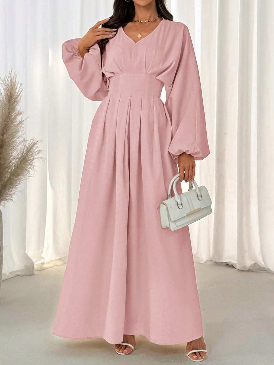 SHEIN LUNE V 领腰部褶皱收腰灯笼袖 A 字形连衣裙，采用纹理提花面料，优雅休闲和度假穿着