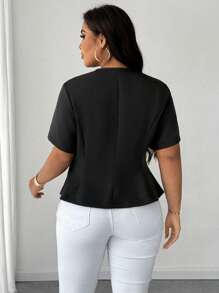 SHEIN Unity Plus Size Women's Solid Color Round Neck Casual Button-Up Shirt - Black - View 3