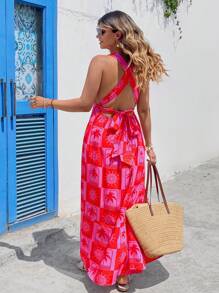 SHEIN VCAY Plus Size Women Red Summer Boho Satin Vacation Holiday Palm Tree Print Crisscross Back Casual Dress,Floral Derby Tropical Beach Graduation Outfits - Multicolor - View 2