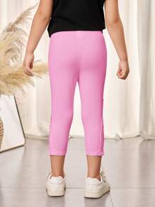 SHEIN Leap Crew Kleine Mädchen Lässig Mutter-Tochter Passende Lässig Spitzenleggings mit Guipure-Spitzeneinsatz, geeignet für Alltag Outfit und Reise- und Urlaubsoutfits - Pink - Übersicht 2