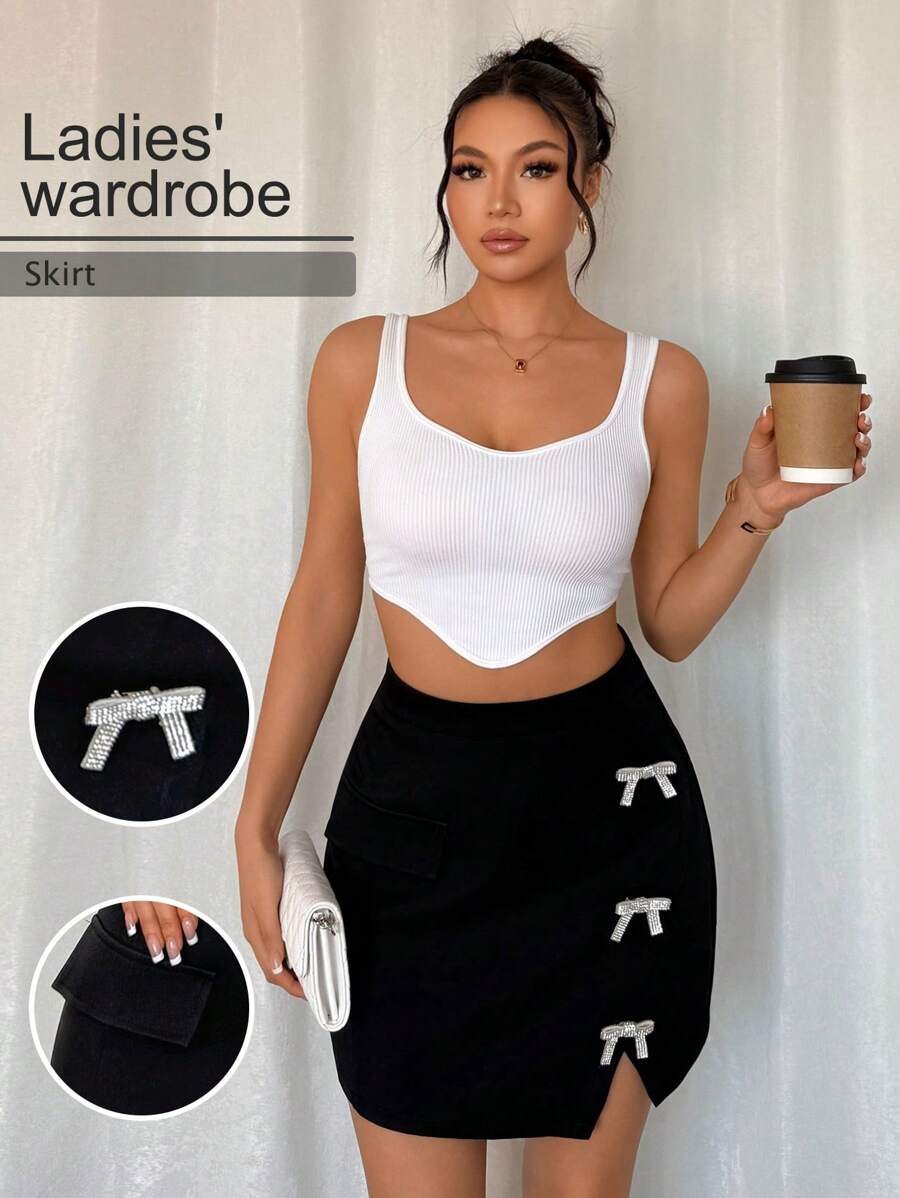 Gloray 女士蝴蝶结装饰时尚开衩短裙 - 黑色 - 查看 1