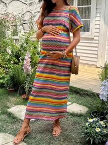 SHEIN Maternity Colorful Striped Round Neck Batwing Sleeve Casual Dress For Vacation - Multicolor - View 4