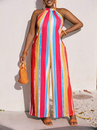 Slaydiva 大码女式挂脖条纹连体衣