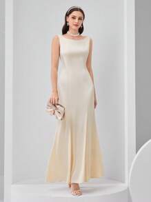 Modelyn Women's Solid Color Backless Halter Design Slim Fit Elegant Dress - Beige - View 4