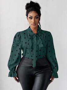 Maweii Plus Size Casual Commuter Heart Print V-Neck Tie Shirt - Teal Blue - View 4