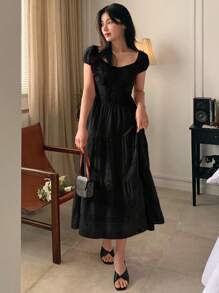 DAZY Đầm midi ren tay bồng eo cho nữ - màu đen - Xem 2