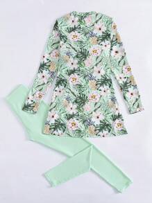 Swim Mulvari Set de 2 piezas de burkini de manga larga casual con estampado de plantas y flores tropicales para mujer, para primavera/verano