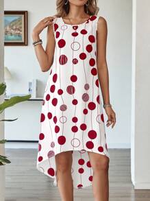EMERY ROSE Women's Geometric Print Round Neck Casual Loose Sleeveless Dress - Red and White - View 5