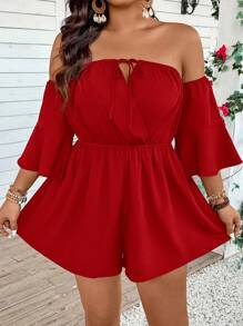 SHEIN VCAY Plus Size Women Off-Shoulder Solid Color Long Sleeve Jumpsuit Romper - Red - View 6