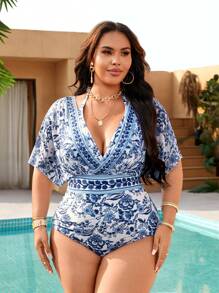 Swim Oasis 2pcs Plus Size Blue And White Porcelain Patterned One-Piece Swimsuit For Summer Beach Vacation - Blue and White - View 4
