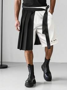 Manfinity EMRG Men's Black And White Woven Bermuda Shorts With Zipper Detail And Pleated Panel Design - Black and White - View 1