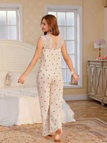 CottageSlumber Romantic Cherry Bud Ruffled Lace Patchwork Bowknot Decor Women Pajama Set Bowknot - Apricot - View 3