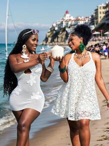 Slaydiva Plus Size Women's Lightweight Casual Jacquard Wide-Leg Romper - Apricot - View 1