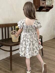 LMoss Kids LMoss   Young Girl Ditsy Floral Gathered Ruffle Puff Sleeve Fitted Casual Dress,Casual Dress Unique Dresses For Girls    Girls Summer Dresses Spring Dresses For Girls Summer Clothes For Girls Spring Girl Clothes - Black and White - View 2