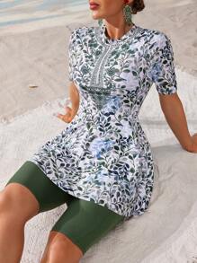 SHEIN Swim Mulvari Women's Plant Print Short Sleeve Shorts Casual Burkini Swimsuit Set For Vacation - Multicolor - View 5