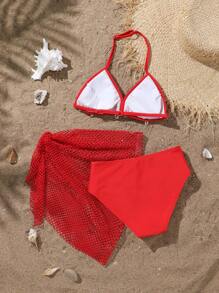 SHEIN 3pcs/Set Tween Girls Swimsuit, Brown Triangle Cup Shell Trim Halter Neck Top & Mesh Bottom - Red - View 2