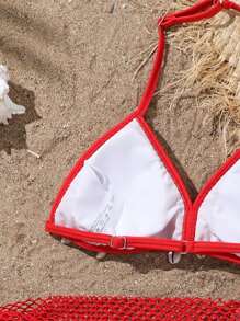 SHEIN 3pcs/Set Tween Girls Swimsuit, Brown Triangle Cup Shell Trim Halter Neck Top & Mesh Bottom - Red - View 5