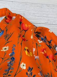 Trelyra Women's Floral Print Short Puff Sleeve Loose Fit Ruffled Hem Vacation Blouse - Multicolor - View 5